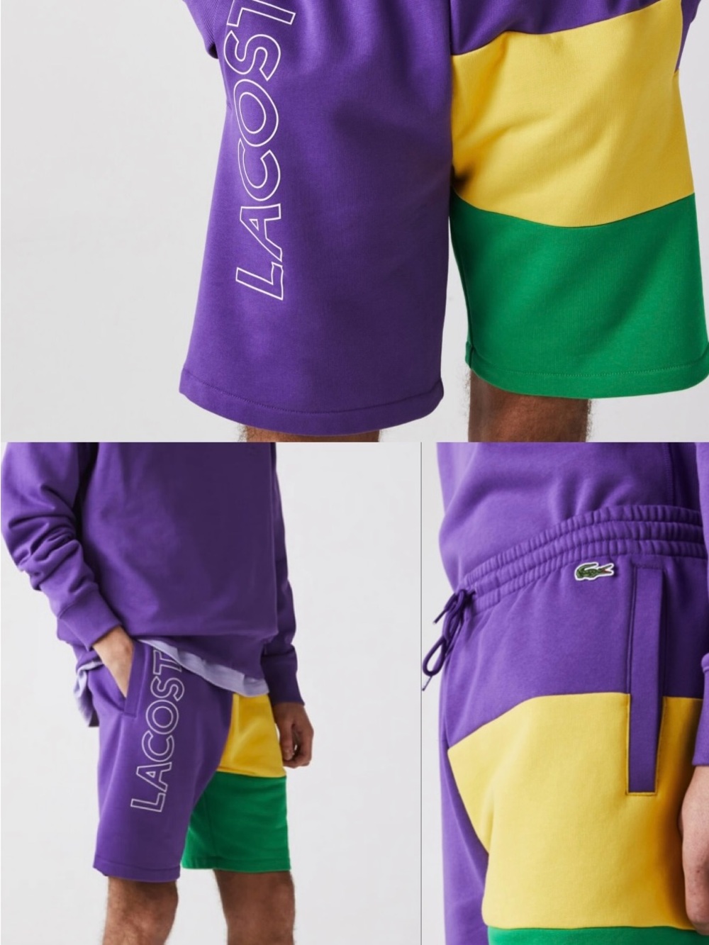 LACOSTE Mens Colorblock Fleece Shorts Purple Yellow Green Spellout Logo GH6875